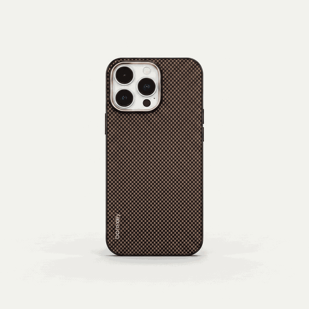 Apple iPhone case in brown and black with a textured woven check pattern and slim protective design