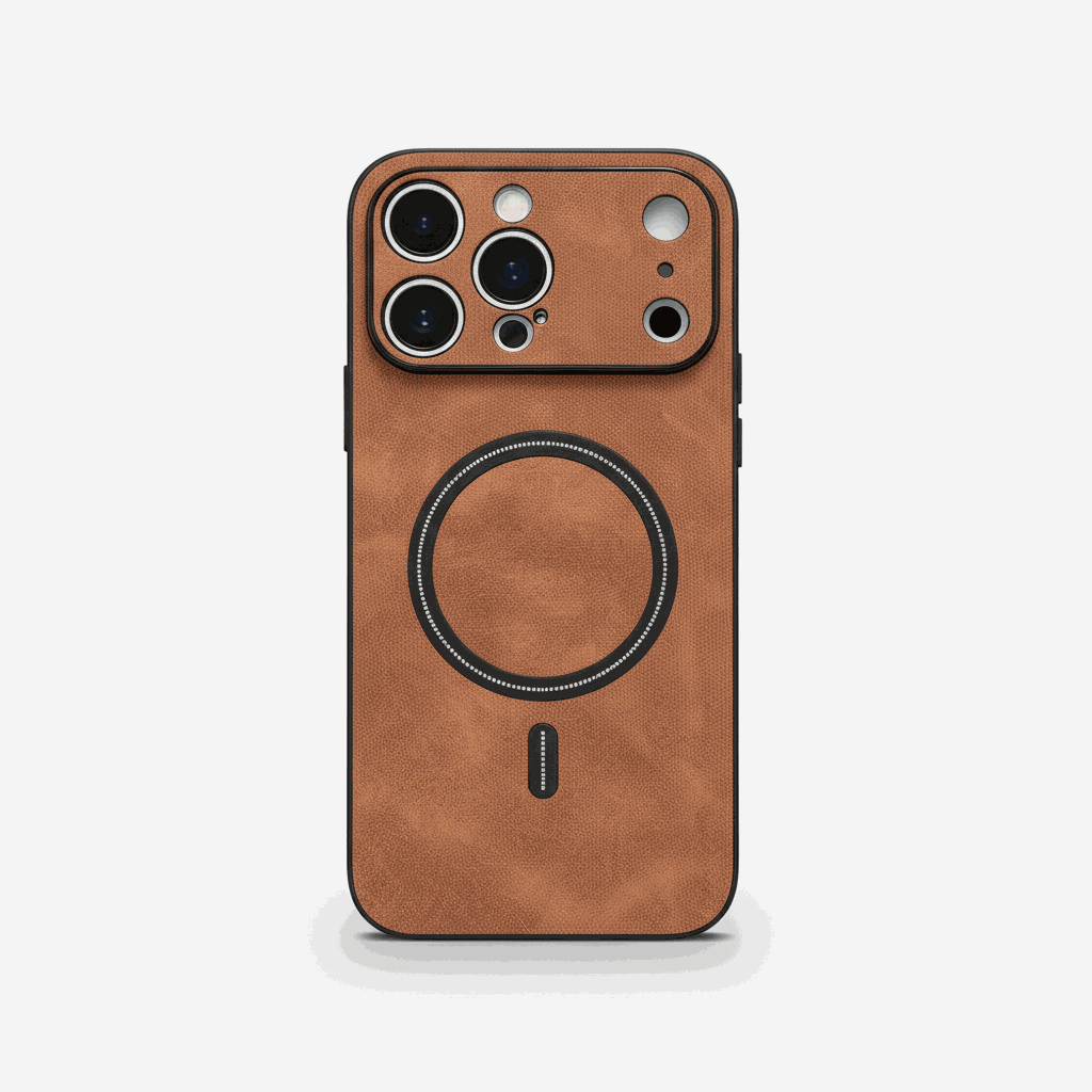 Apple iPhone case in warm brown textured leather with black edging, raised camera surround, and MagSafe ring