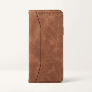 Apple iPhone brown leather-textured flip wallet case with stitched detailing and a curved front card pocket