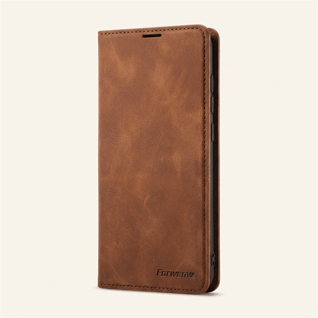 Apple iPhone flip wallet case in brown textured leather with stitched edges and a slim front cover