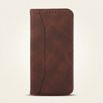 Apple iPhone flip wallet case in brown leather-look material with stitched edges and a curved front panel