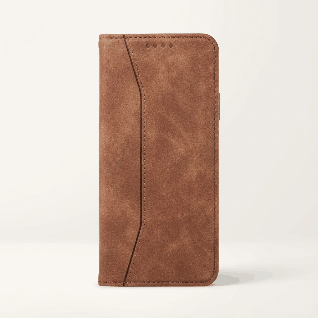 Apple iPhone brown leather-textured flip wallet case with stitched detailing and a curved front card pocket