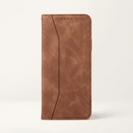 Apple iPhone brown leather-textured flip wallet case with stitched detailing and a curved front card pocket