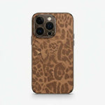 Apple iPhone case in brown leopard-print leather with an embossed texture and raised camera rim