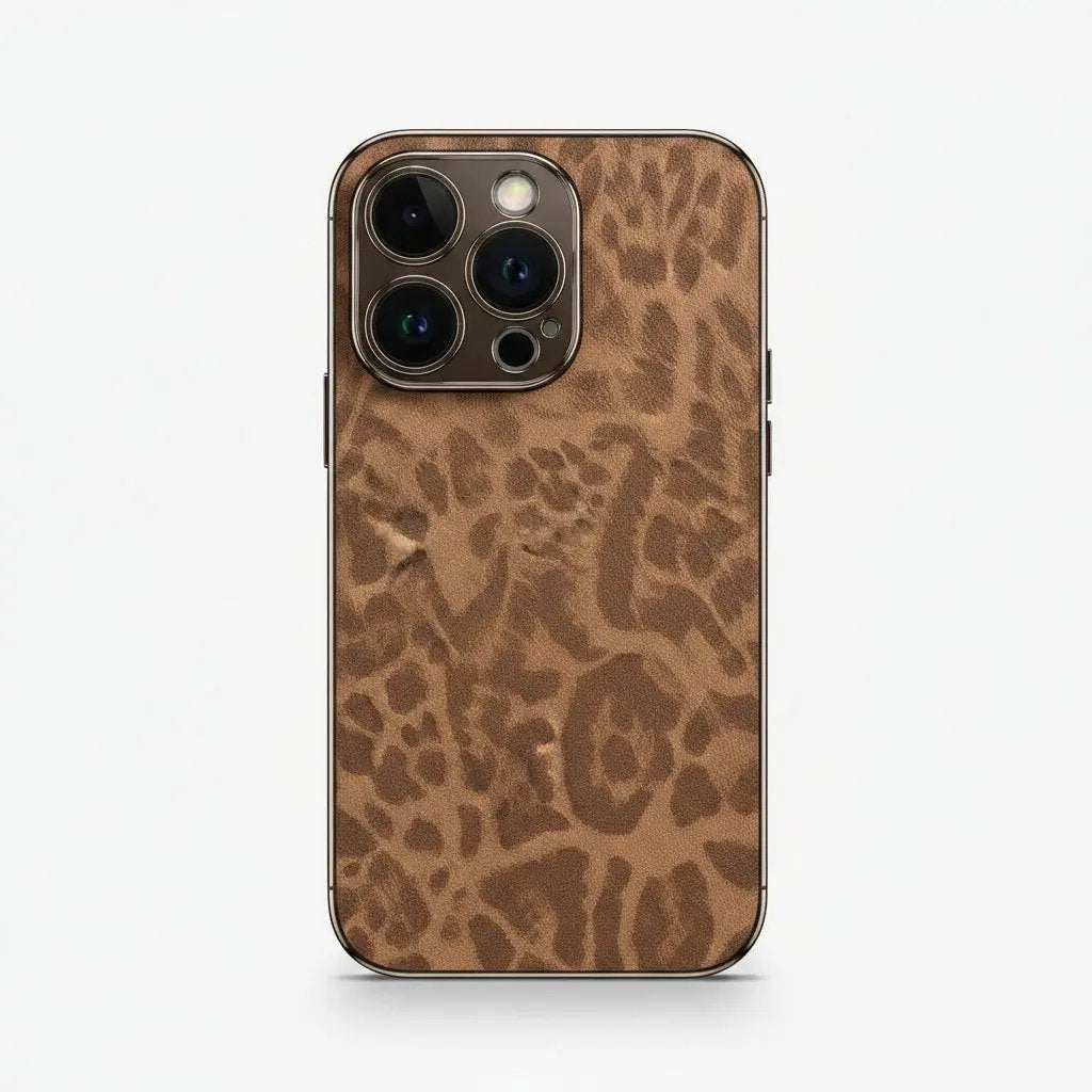 Apple iPhone case in brown leopard-print leather with an embossed texture and raised camera rim