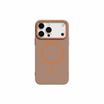 Apple iPhone case in brown matte material with bright orange MagSafe ring and accent, plus raised camera surround