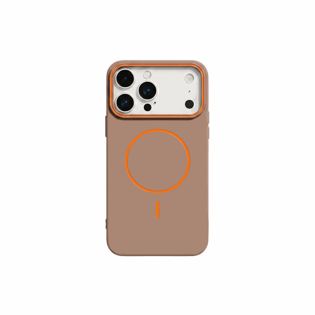 Apple iPhone case in brown matte material with bright orange MagSafe ring and accent, plus raised camera surround