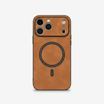 Apple iPhone case in warm brown pebbled matte leather with black edging, raised camera surround and MagSafe ring