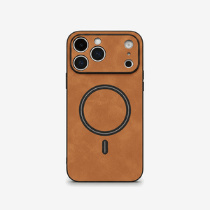 Apple iPhone case in warm brown pebbled matte leather with black edging, raised camera surround and MagSafe ring