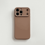 Apple iPhone silicone case in warm brown with a smooth finish and raised camera surround featuring multiple circular cutouts