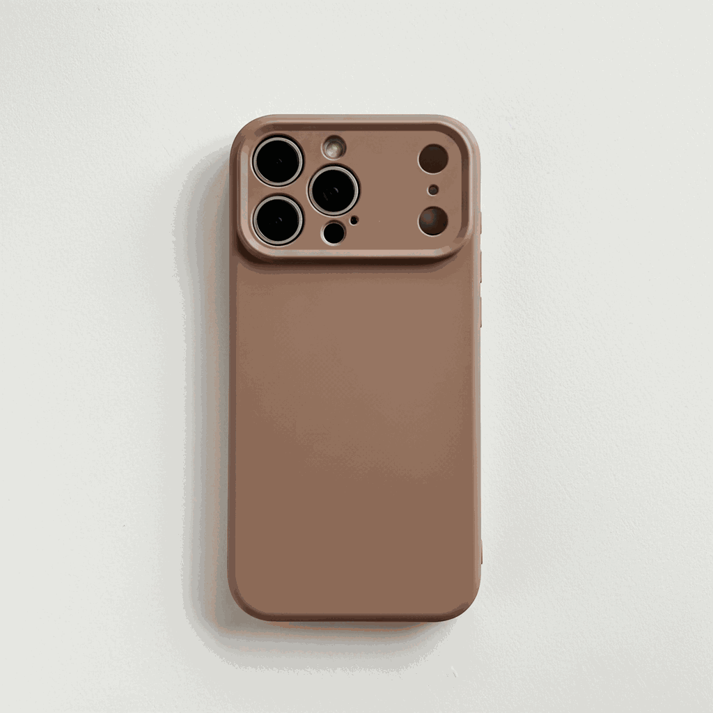 Apple iPhone silicone case in warm brown with a smooth finish and raised camera surround featuring multiple circular cutouts