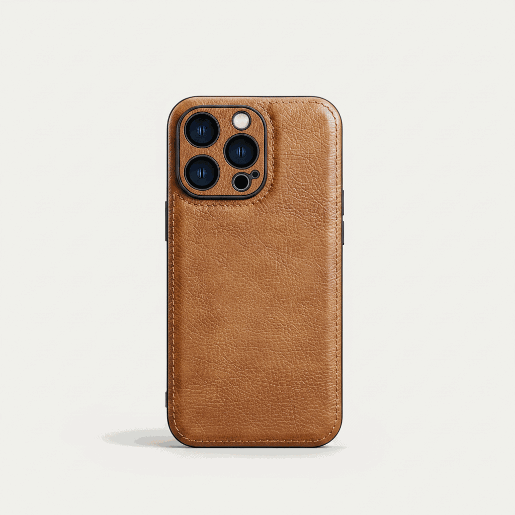 Apple iPhone leather case in warm tan brown, with a textured grain, stitched edges and raised camera surround.