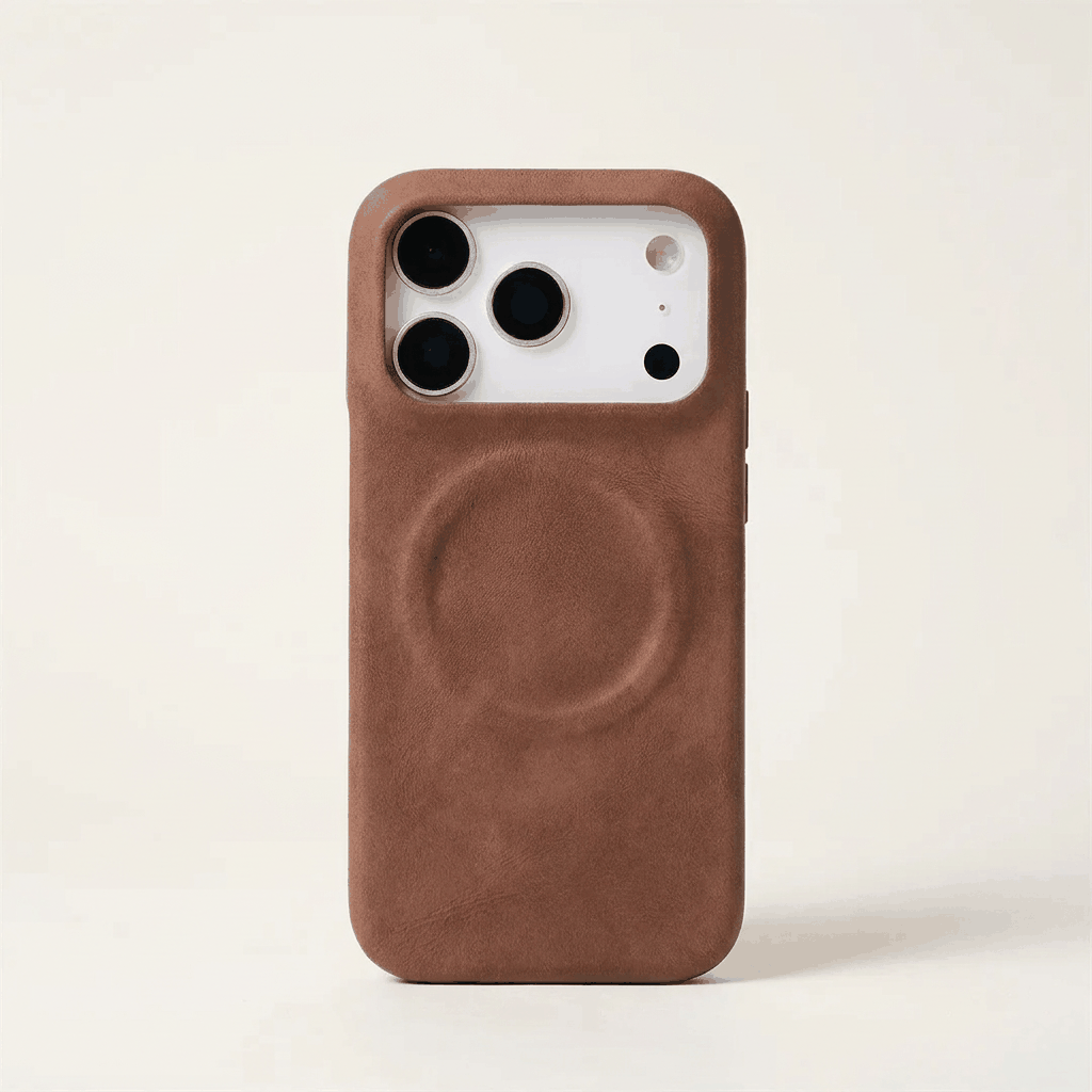 Apple iPhone case in brown textured leather with a slim profile, raised camera edges and a visible MagSafe ring