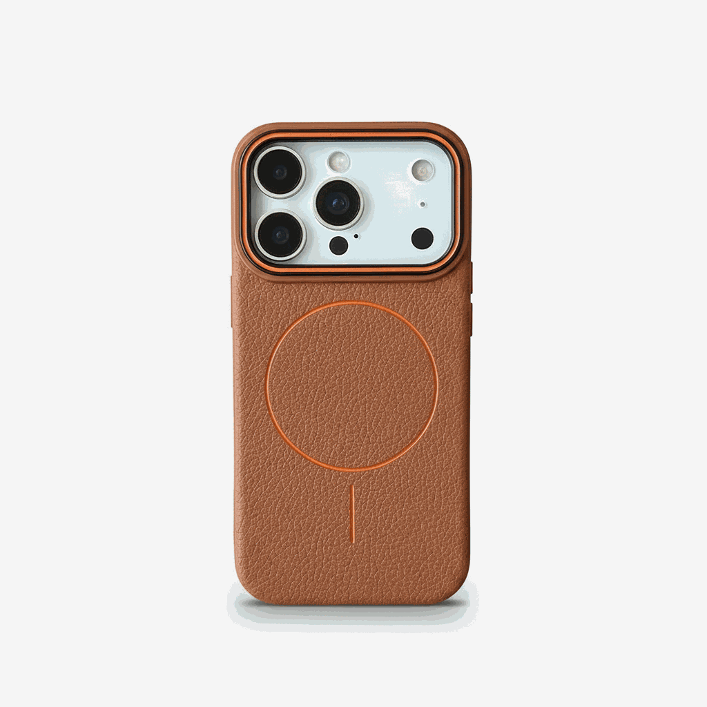 Apple iPhone case in textured brown material with a slim profile, orange camera trim and circular MagSafe ring