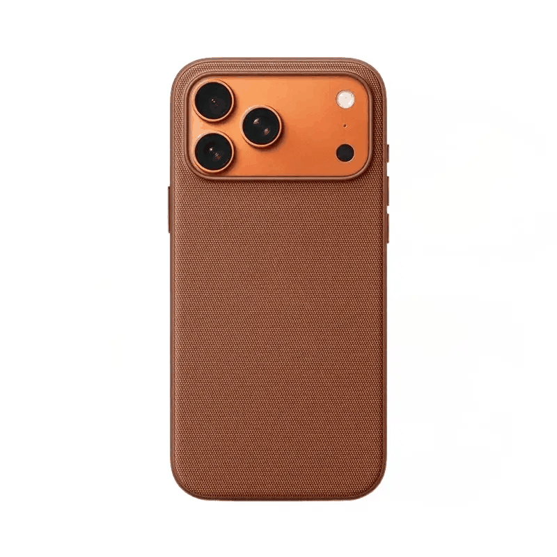 Apple iPhone woven case in warm brown with a fine textured fabric exterior and a raised camera surround