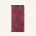 Apple iPhone wallet case in burgundy brushed leather-look material with stitched edges and a slim earpiece opening