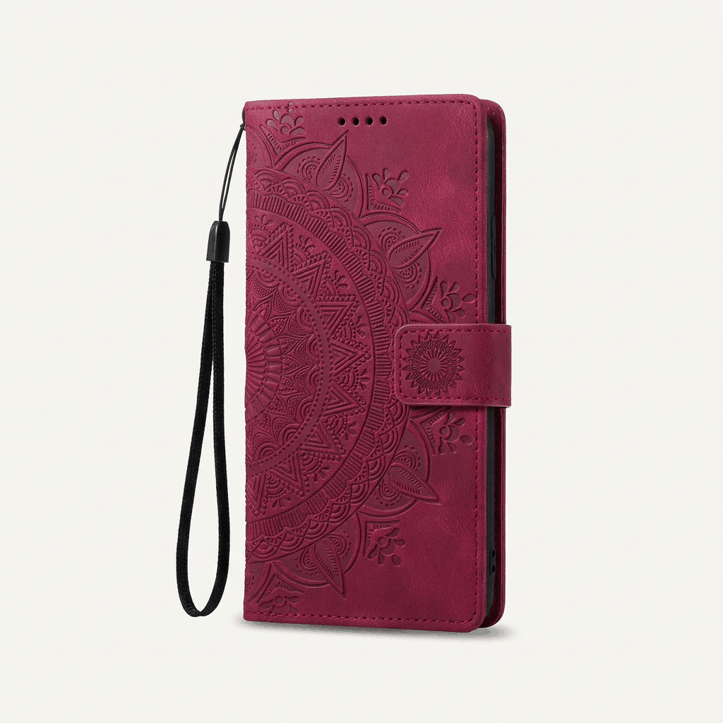 Apple iPhone wallet case in burgundy embossed leather with an ornate floral pattern, magnetic strap and wrist loop