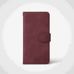 Apple iPhone burgundy textured leather wallet case with stitched edges and a magnetic closure flap