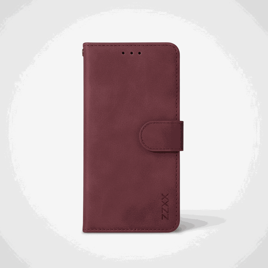 Apple iPhone burgundy textured leather wallet case with stitched edges and a magnetic closure flap