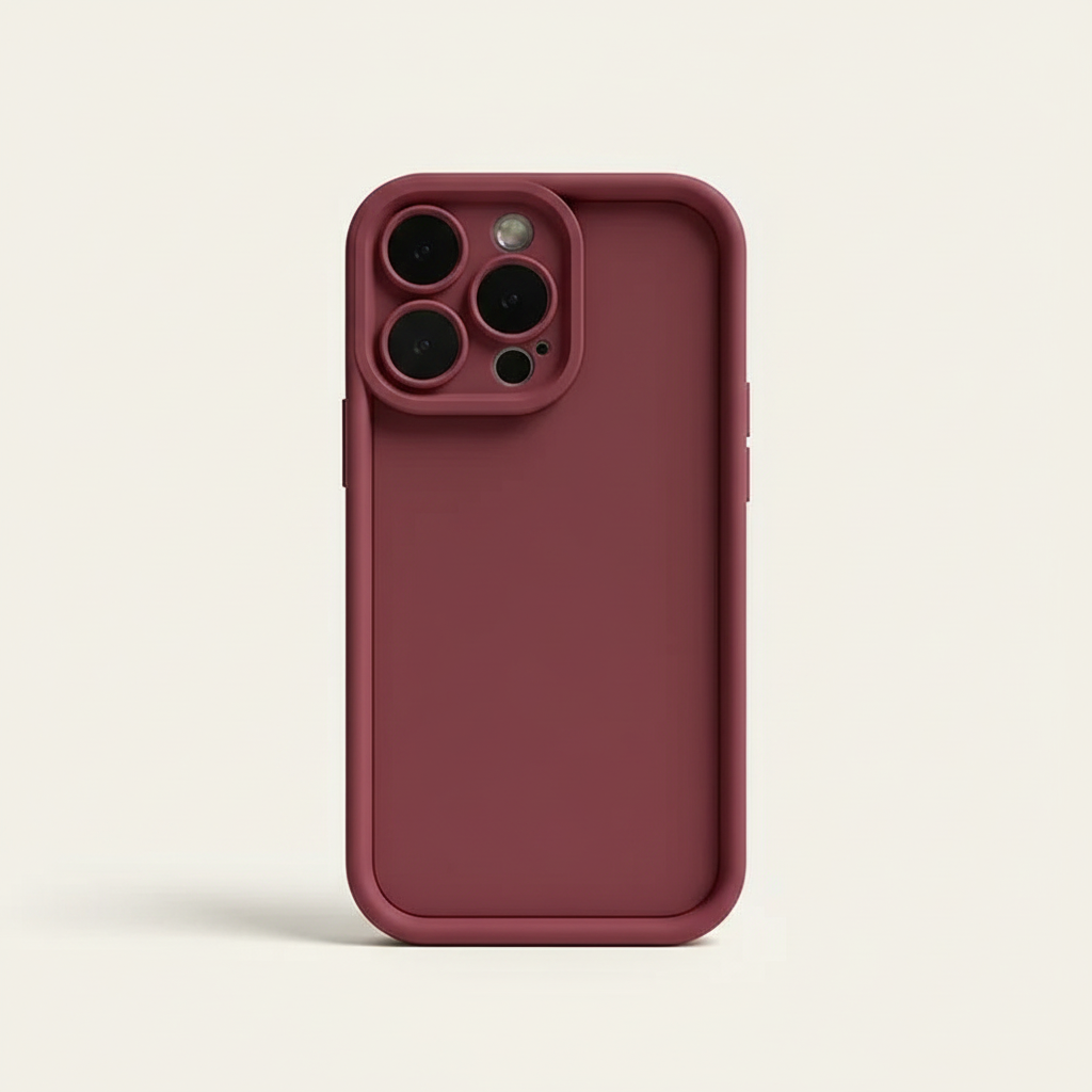Apple iPhone silicone case in deep burgundy with a smooth matte finish, raised camera surround and reinforced edges