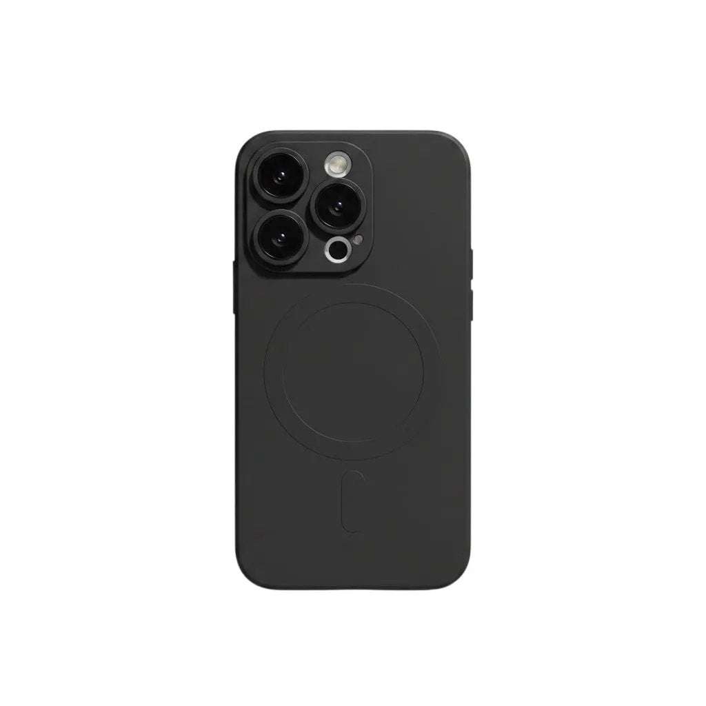 Apple iPhone case in black with a smooth matte finish and a subtle circular MagSafe ring on the back