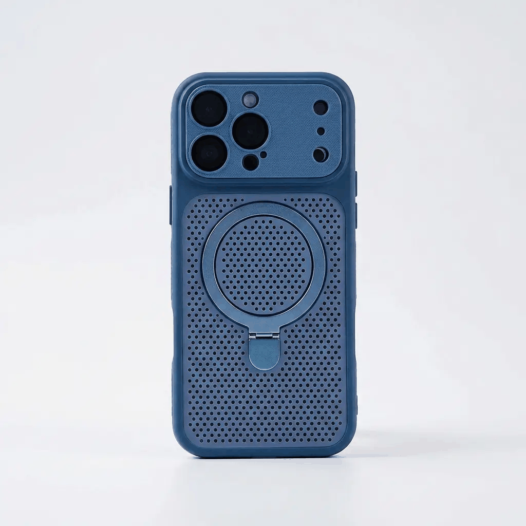 Apple iPhone case in blue with a perforated back, raised camera surround, and circular folding kickstand