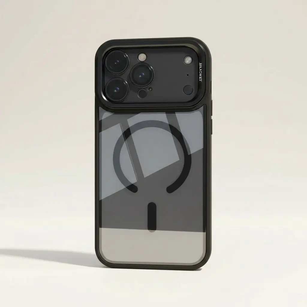 Apple iPhone case with a clear gray back, black edges, raised camera guard, and circular magnetic ring