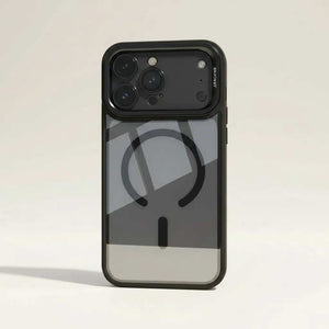 Apple iPhone case with a clear gray back, black edges, raised camera guard, and circular magnetic ring