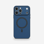 Apple iPhone case in textured navy blue leather with a raised camera frame and circular MagSafe ring