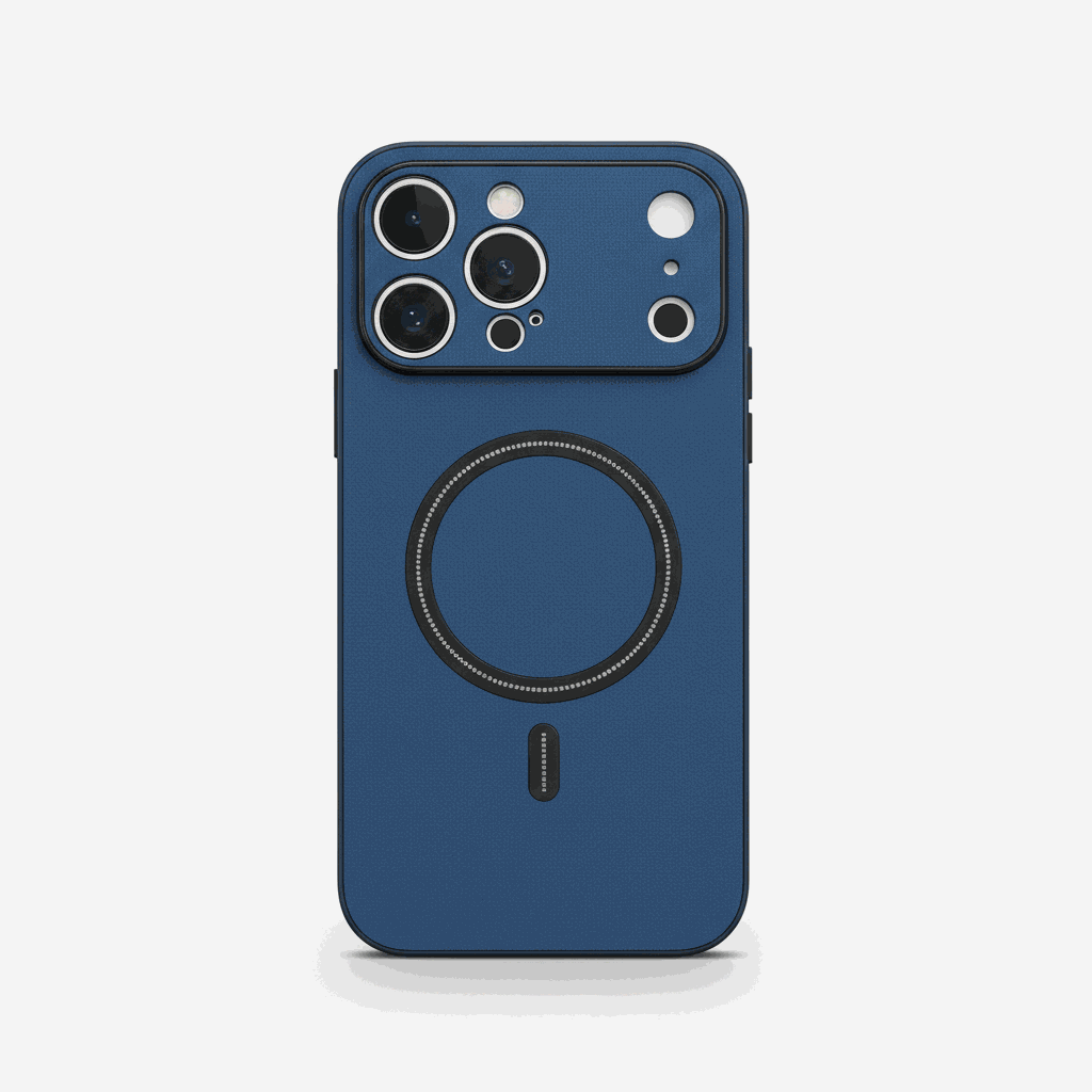 Apple iPhone case in textured navy blue leather with a raised camera frame and circular MagSafe ring