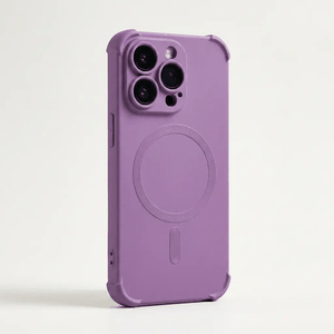 Apple iPhone case in purple matte material with a smooth back, raised camera cutouts, and a circular MagSafe ring