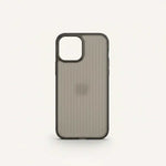 Apple iPhone case in translucent smoky gray with a fine vertical stripe texture and a raised dark camera rim