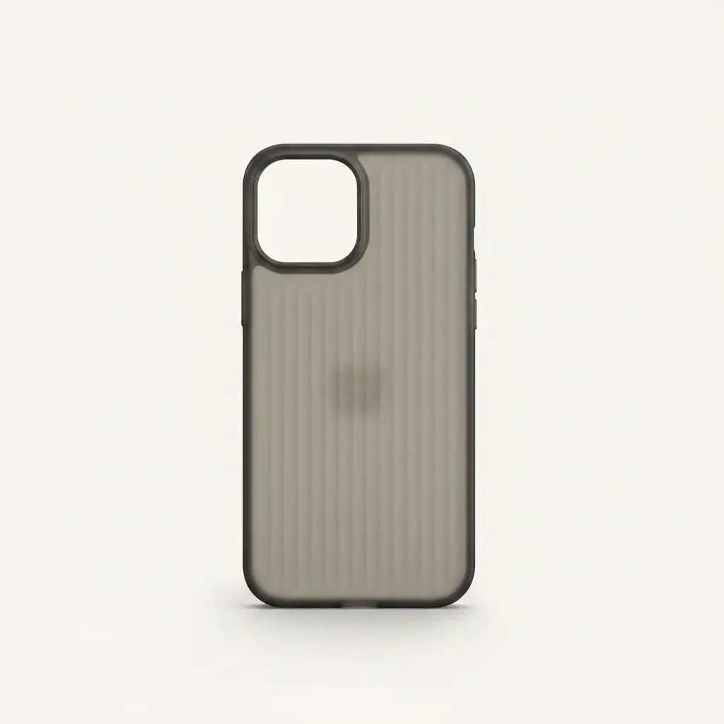 Apple iPhone case in translucent smoky gray with a fine vertical stripe texture and a raised dark camera rim