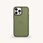 Apple iPhone case in translucent olive green with vertical textured stripes and a raised camera surround