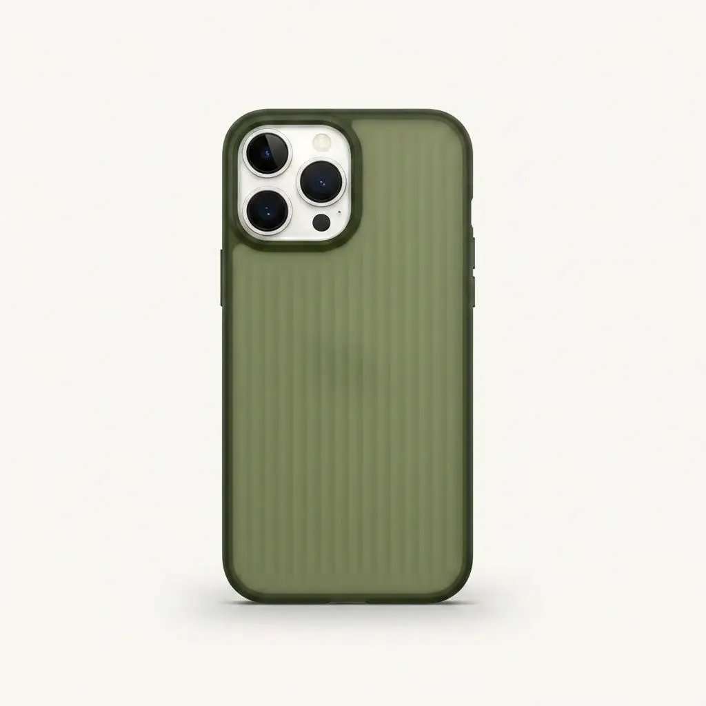 Apple iPhone case in translucent olive green with vertical textured stripes and a raised camera surround