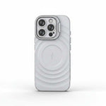 Apple iPhone case in translucent white with a textured ripple pattern, raised camera surround and circular magnetic ring