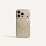 Apple iPhone case in champagne beige with a frosted back, raised camera surround and circular MagSafe ring