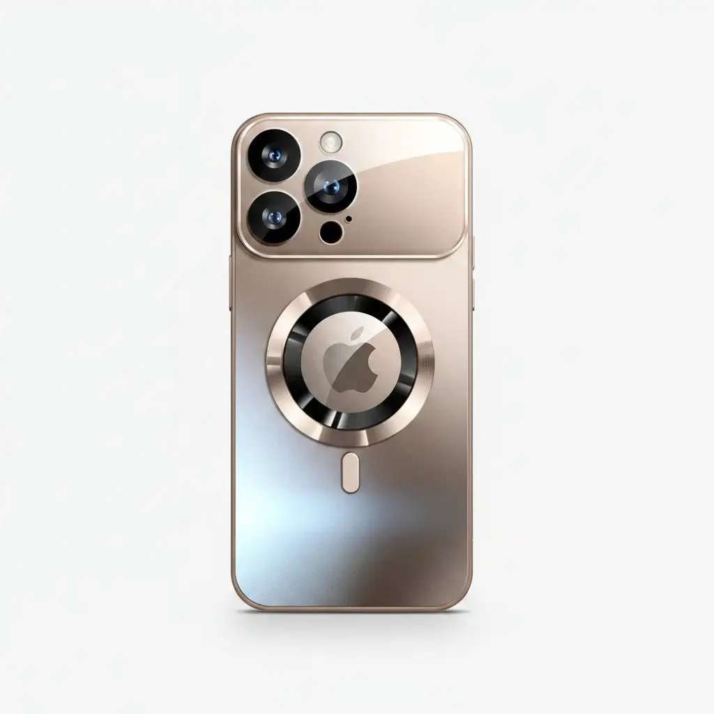 Apple iPhone case in champagne metallic finish with a clear back, raised camera surround, and circular magnetic ring