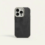 Apple iPhone case with a charcoal black textured woven fabric back and a raised protective bumper edge