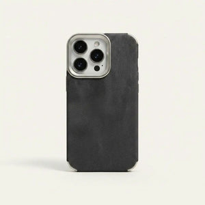 Apple iPhone case with a charcoal black textured woven fabric back and a raised protective bumper edge