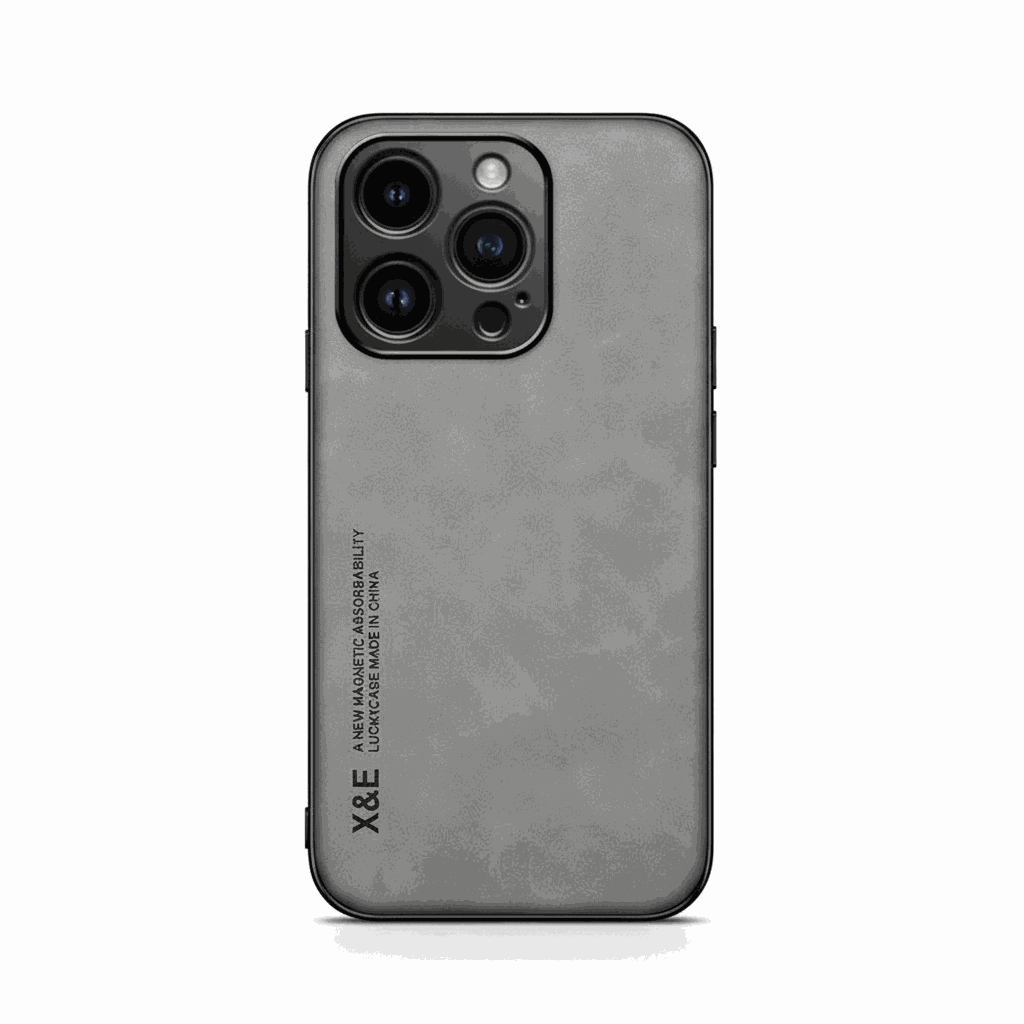 Apple iPhone case in charcoal gray with a textured leather-look finish, raised camera edges and slim black trim