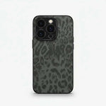 Apple iPhone case in charcoal grey with a textured black leopard print and a raised protective camera rim