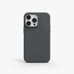 Apple iPhone case in charcoal grey with a smooth matte silicone finish and raised camera cutout