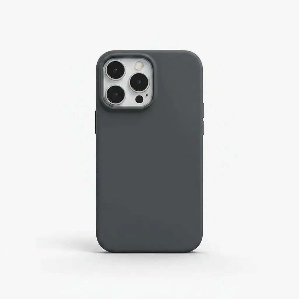 Apple iPhone case in charcoal grey with a smooth matte silicone finish and raised camera cutout
