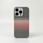 Apple iPhone case in black and gray woven checkerboard with a muted red central stripe and raised camera cutout