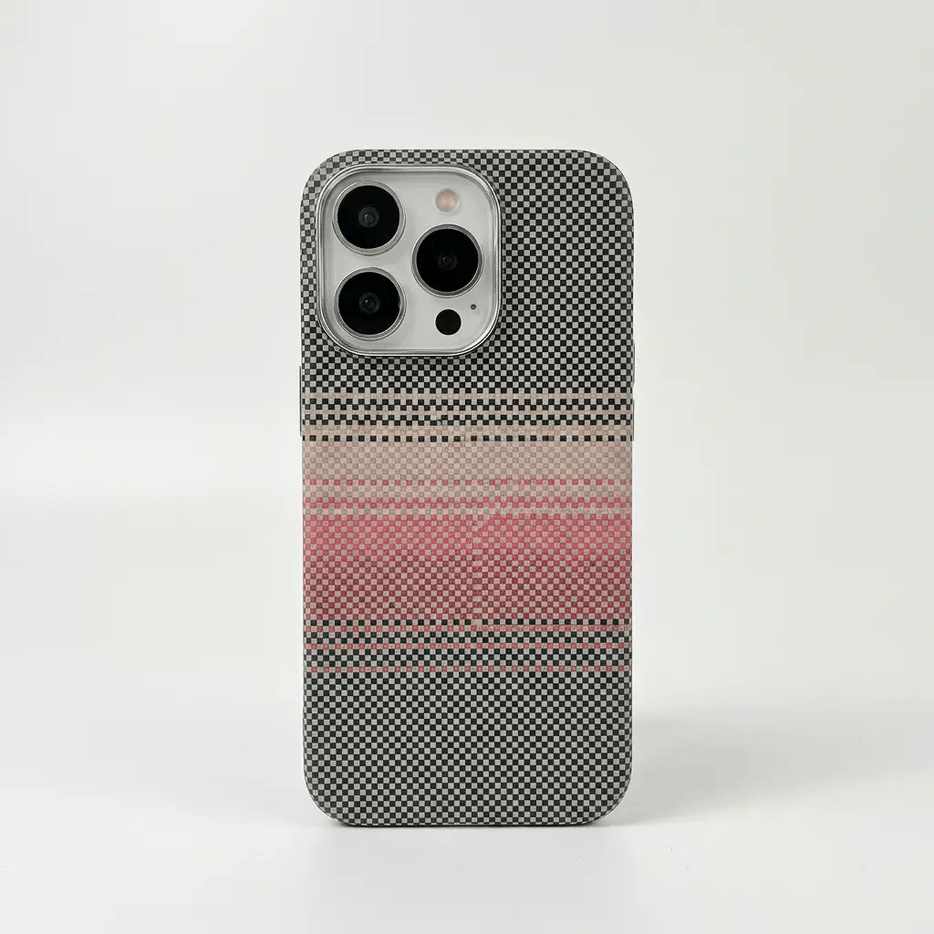 Apple iPhone case in black and gray woven checkerboard with a muted red central stripe and raised camera cutout