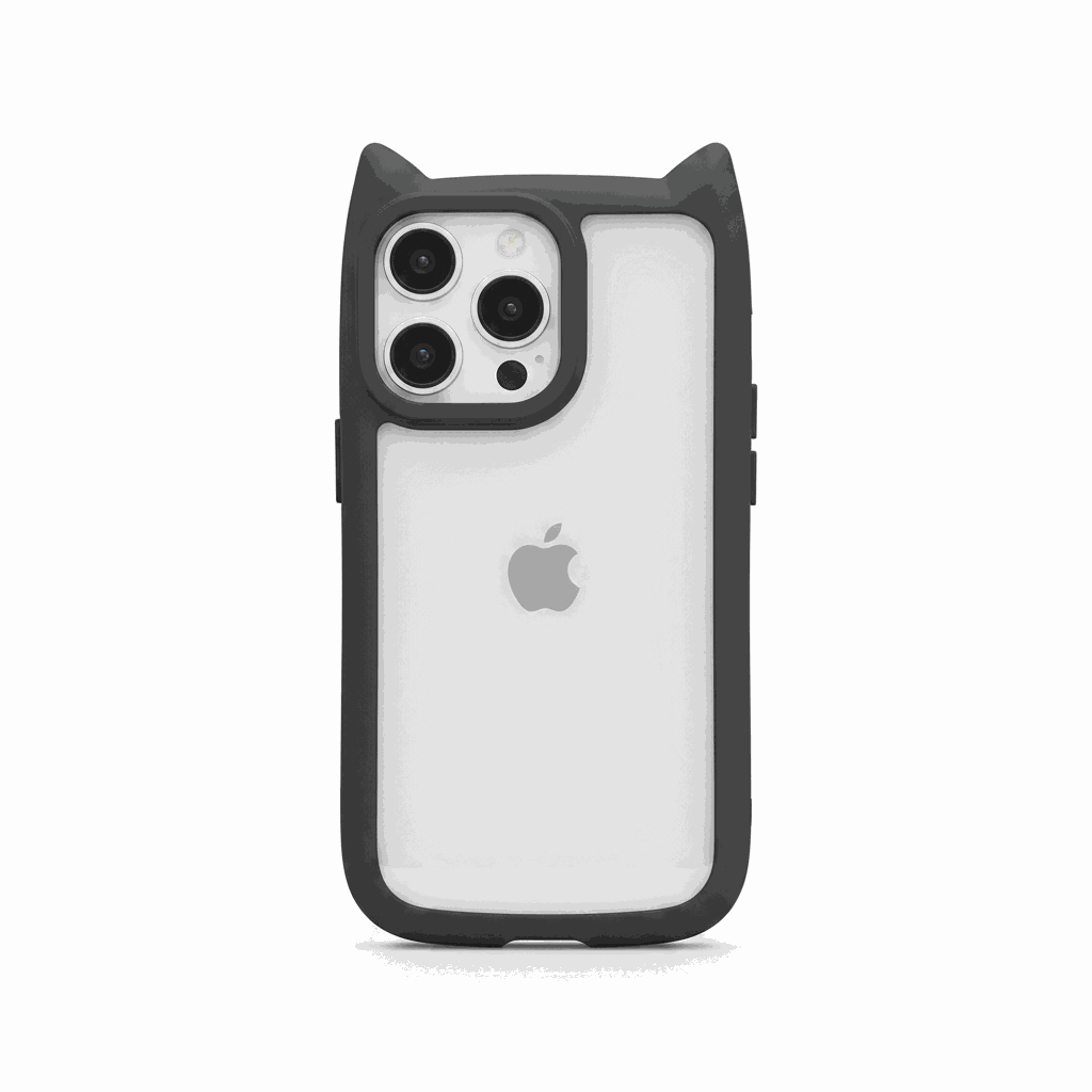 Apple iPhone case with a clear back, black flexible bumper, raised camera rim and pointed cat-ear accents