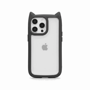 Apple iPhone case with a clear back, black flexible bumper, raised camera rim and pointed cat-ear accents