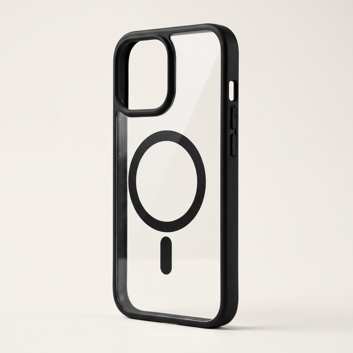 Apple iPhone clear protective case with a black frame, transparent back, raised camera surround and MagSafe ring