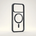 Apple iPhone clear protective case with a black shockproof frame, transparent back, and visible MagSafe ring